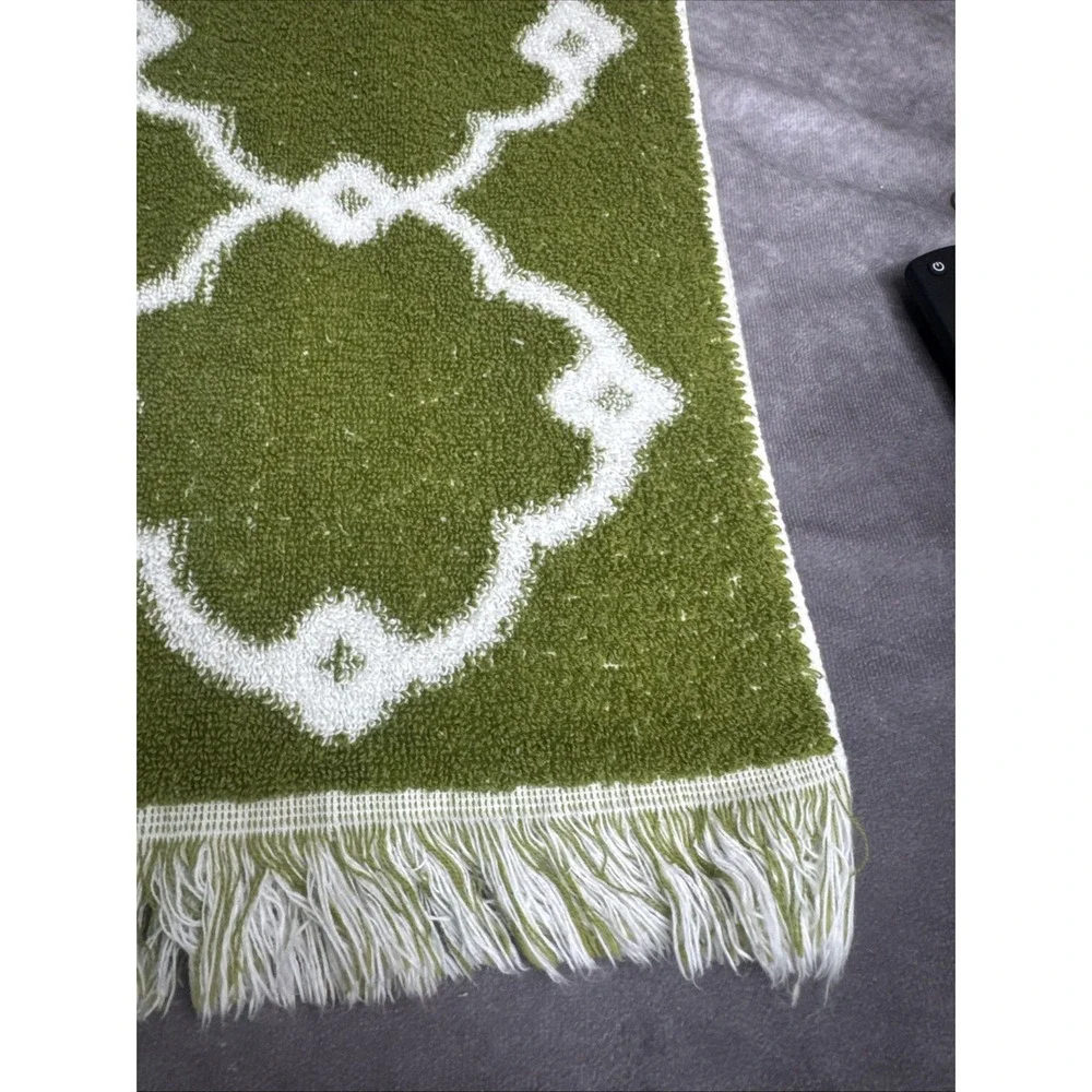 Fashion Manor  Green & White Vintage Floral Fringe‎ Towel Set Cotton Retro